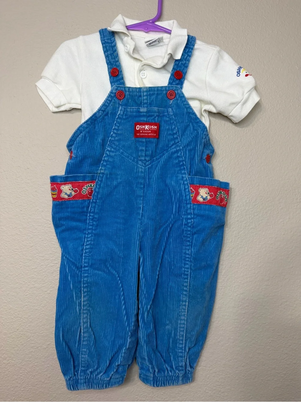 OshKosh B'gosh Bright Blue Corduroy Overalls with Red Accents (Read Description)